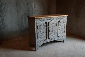 Carved grey wash 3 door sideboard