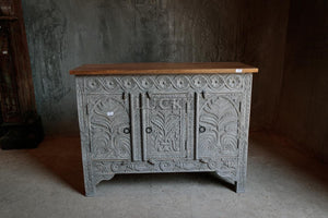 Carved grey wash 3 door sideboard