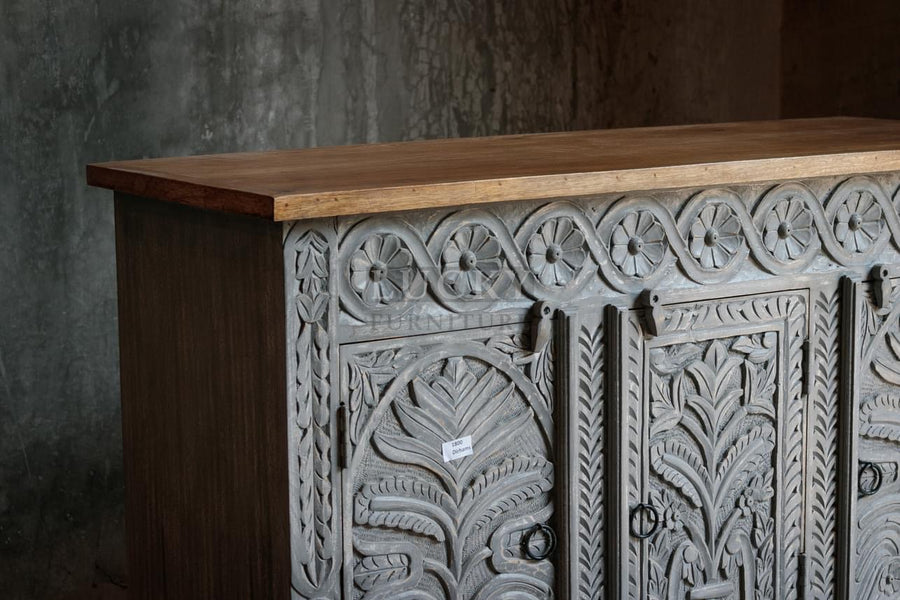 Carved grey wash 3 door sideboard