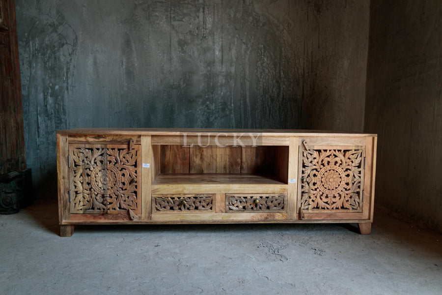 Carved tv stand with 2 draws