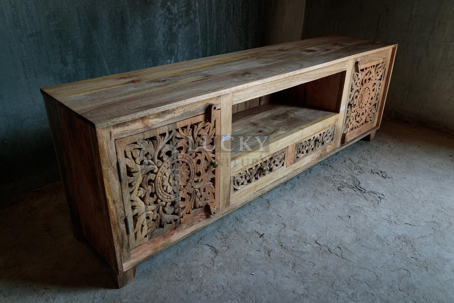 Carved tv stand with 2 draws