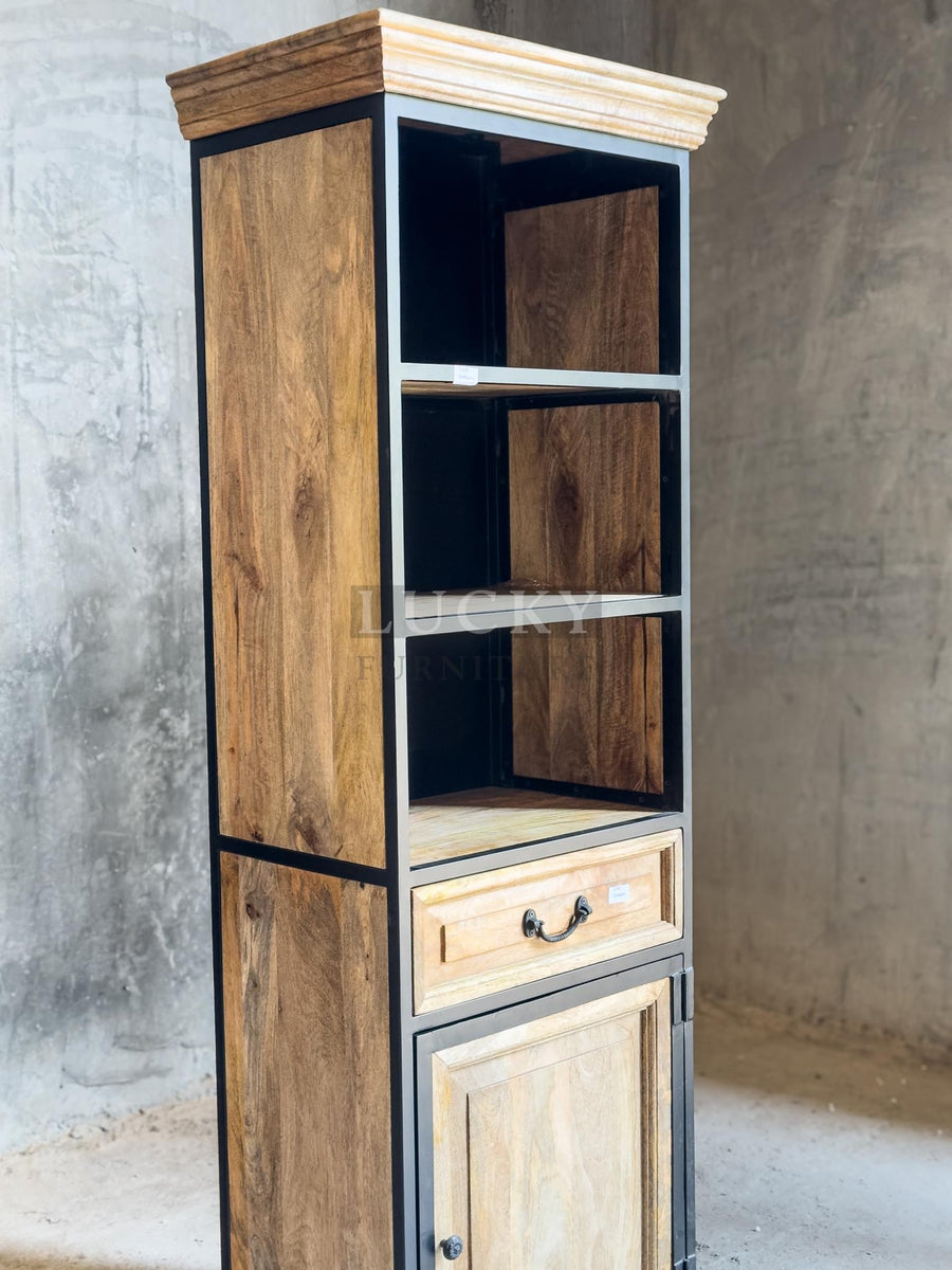 Narrow metal and wood bookshelf