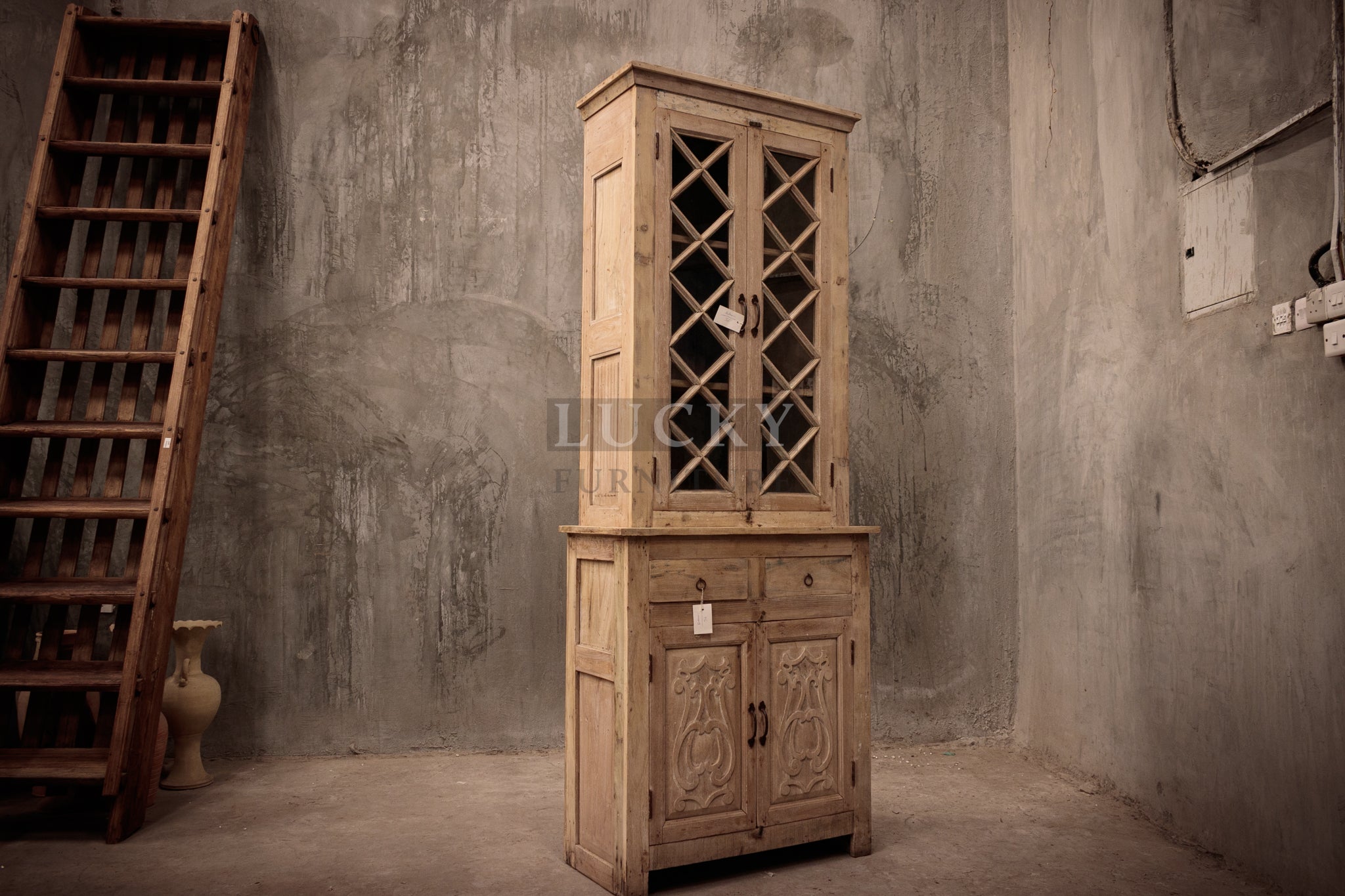 Two part bleached finish glass cabinet