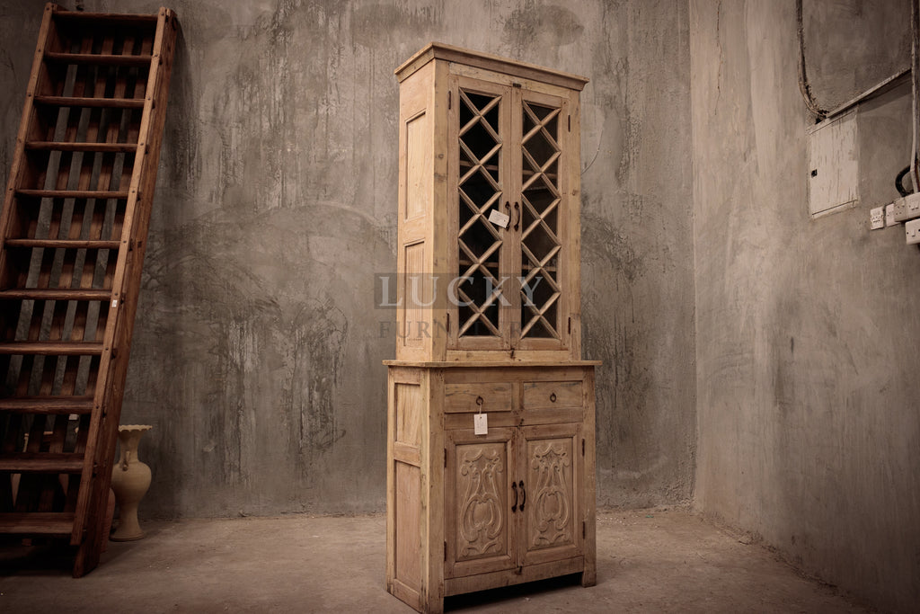 Two part bleached finish glass cabinet