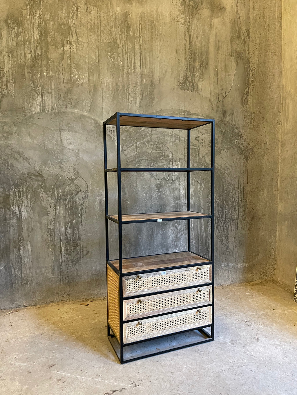 Mango wood and metal rattan bookshelf