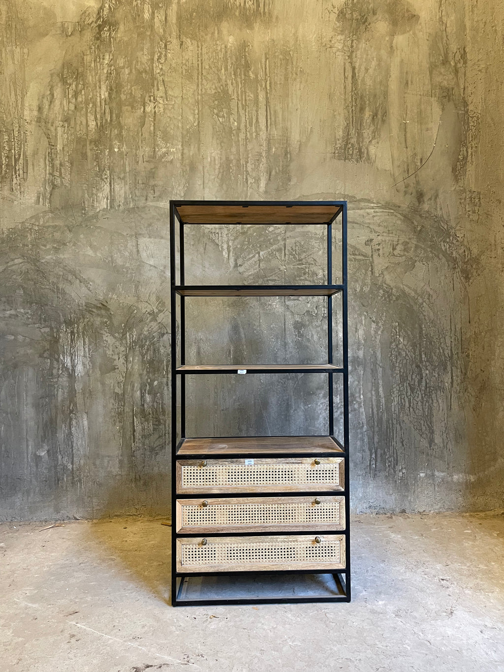 Mango wood and metal rattan bookshelf