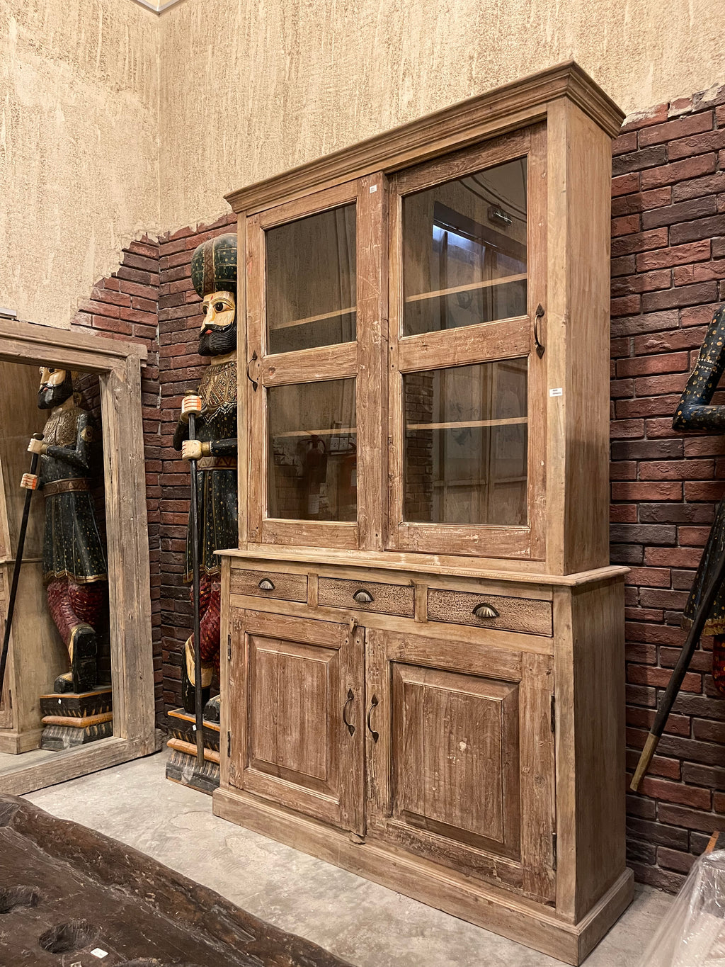 Teak wood glass cabinet bleach finish