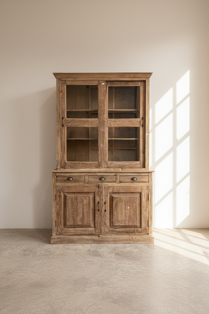 Teak wood glass cabinet bleach finish