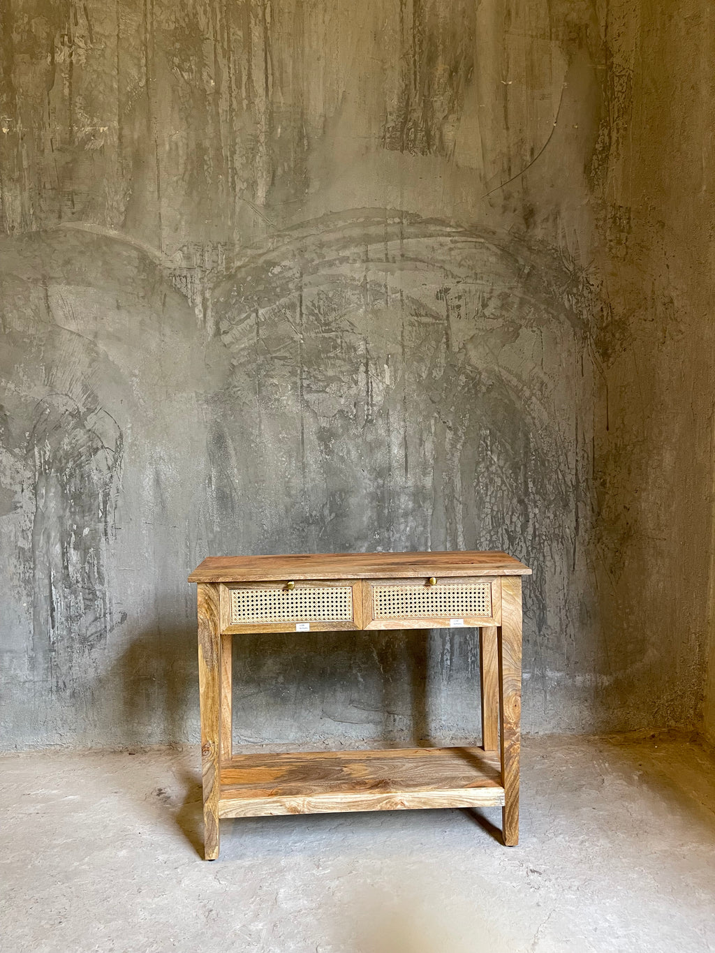 2 draw mango wood and rattan console