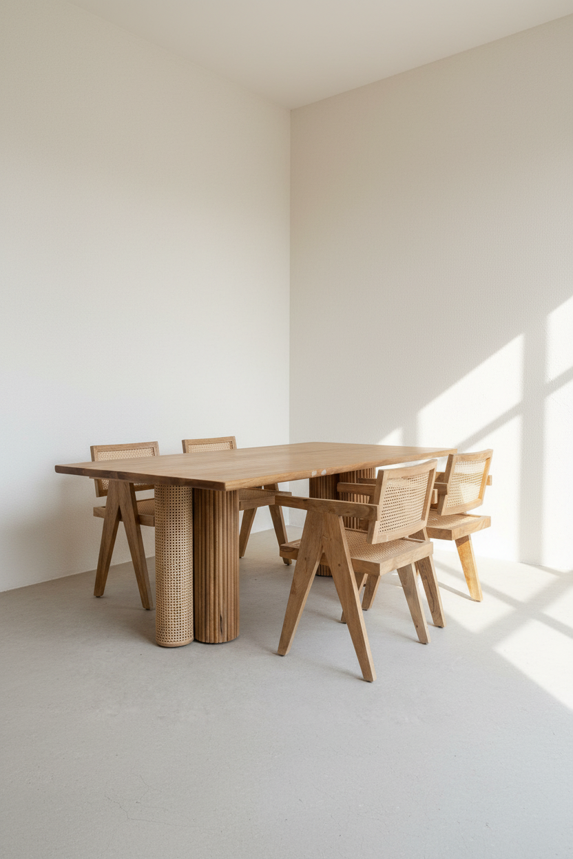 Rattan and wood dining table