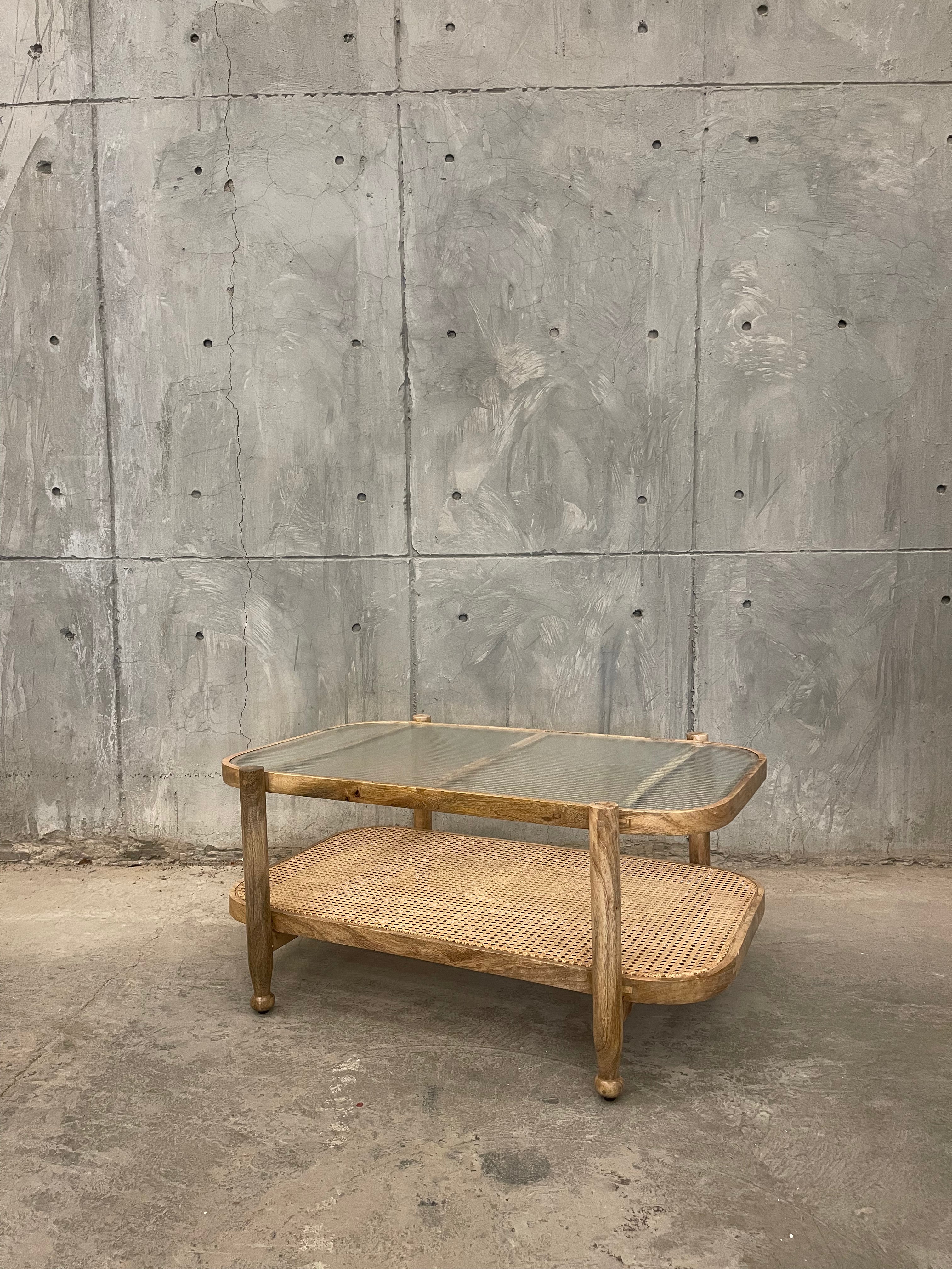 Rattan fluted glass coffee table
