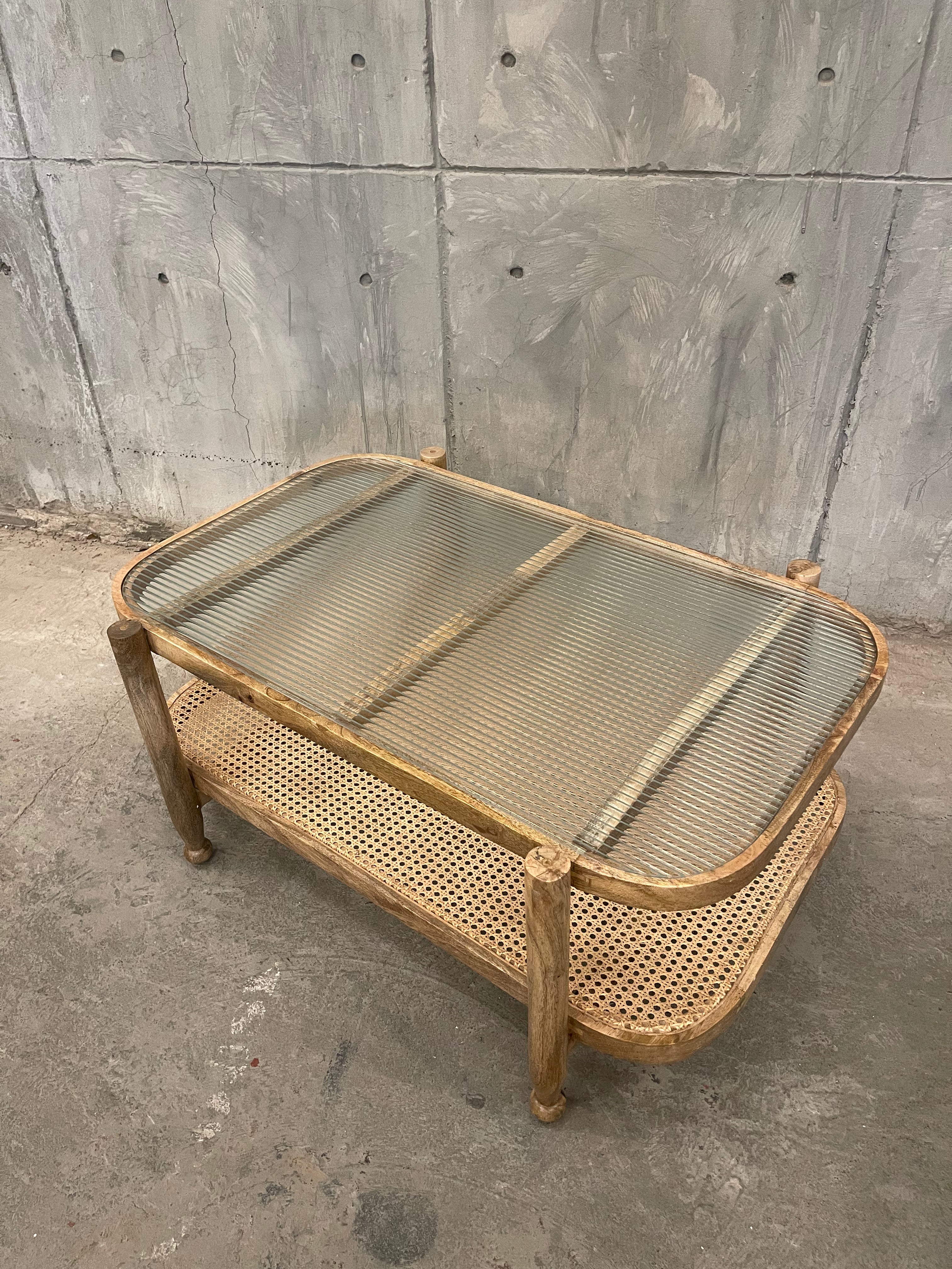 Rattan fluted glass coffee table