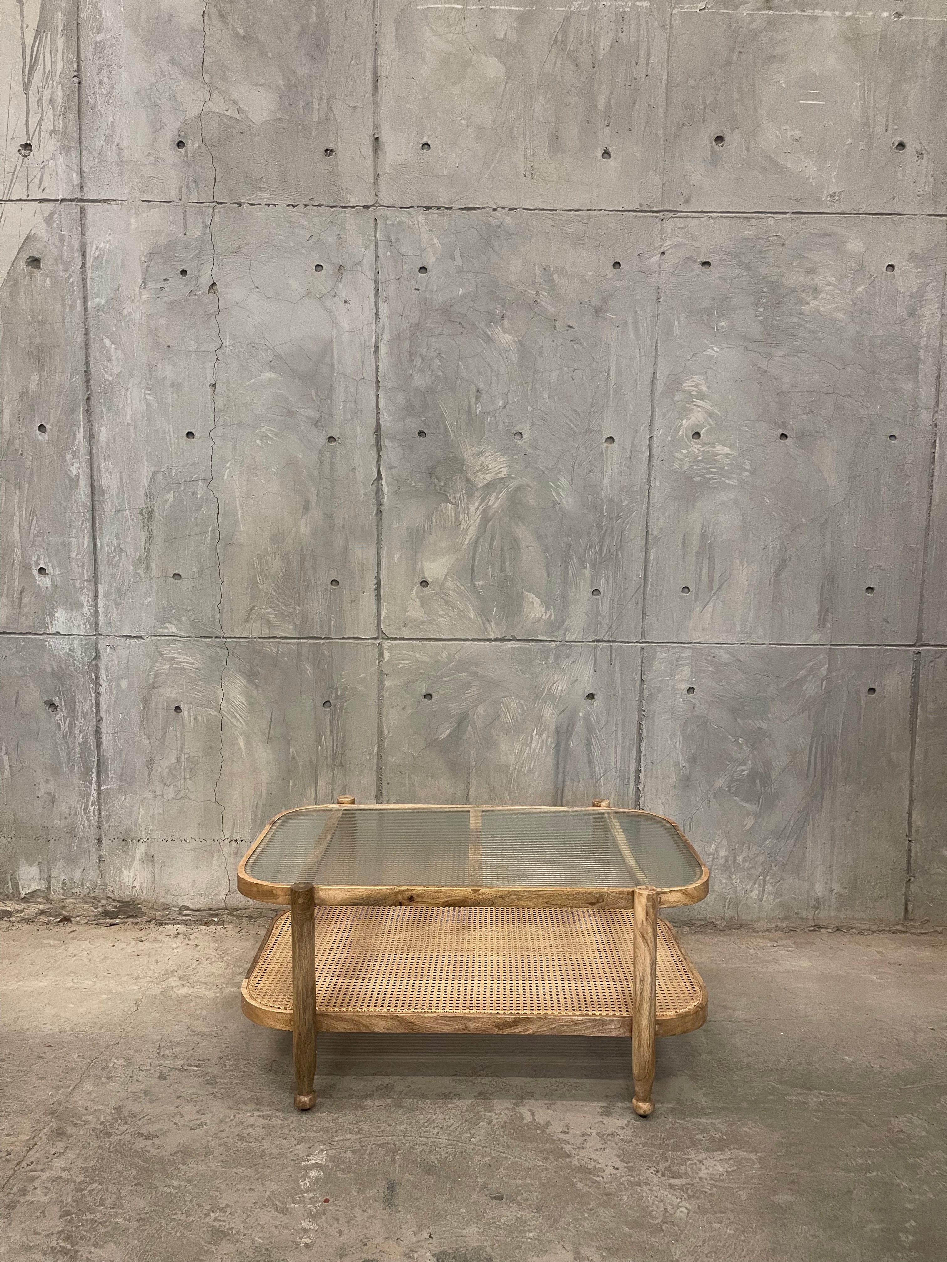 Rattan fluted glass coffee table