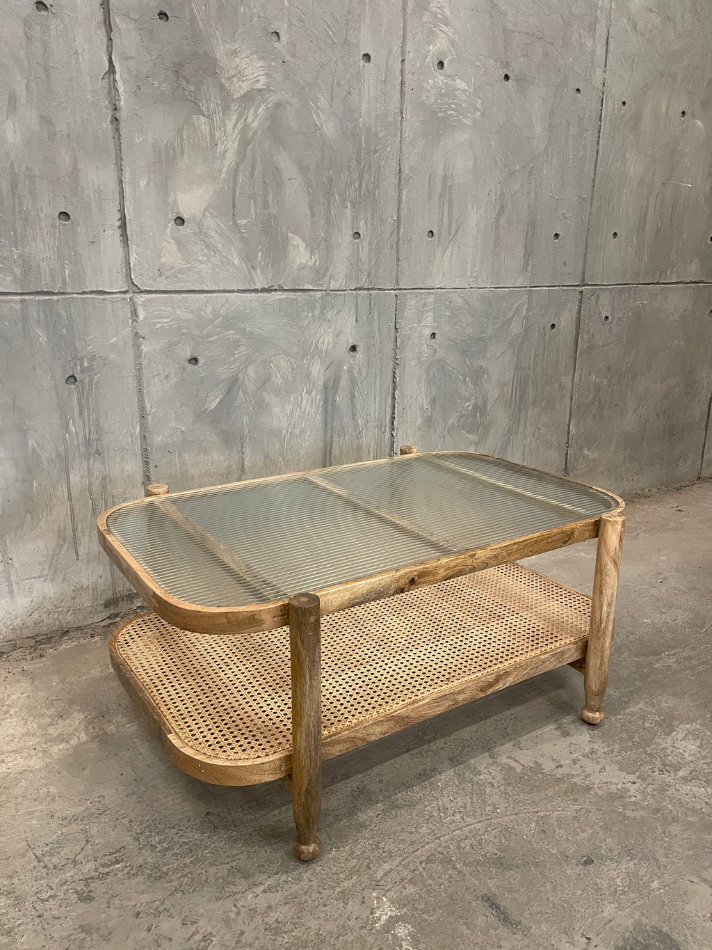 Rattan fluted glass coffee table