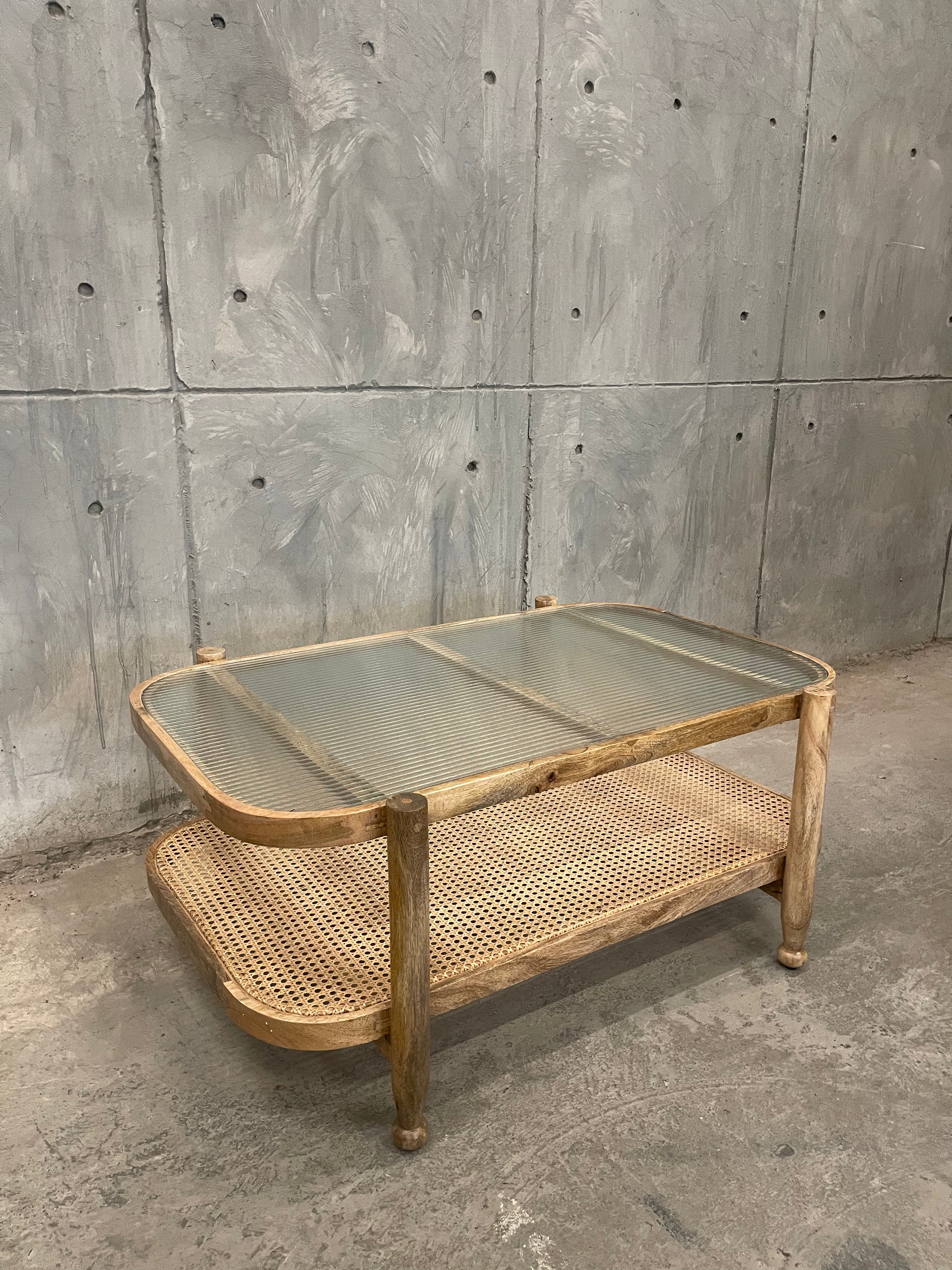 Rattan fluted glass coffee table
