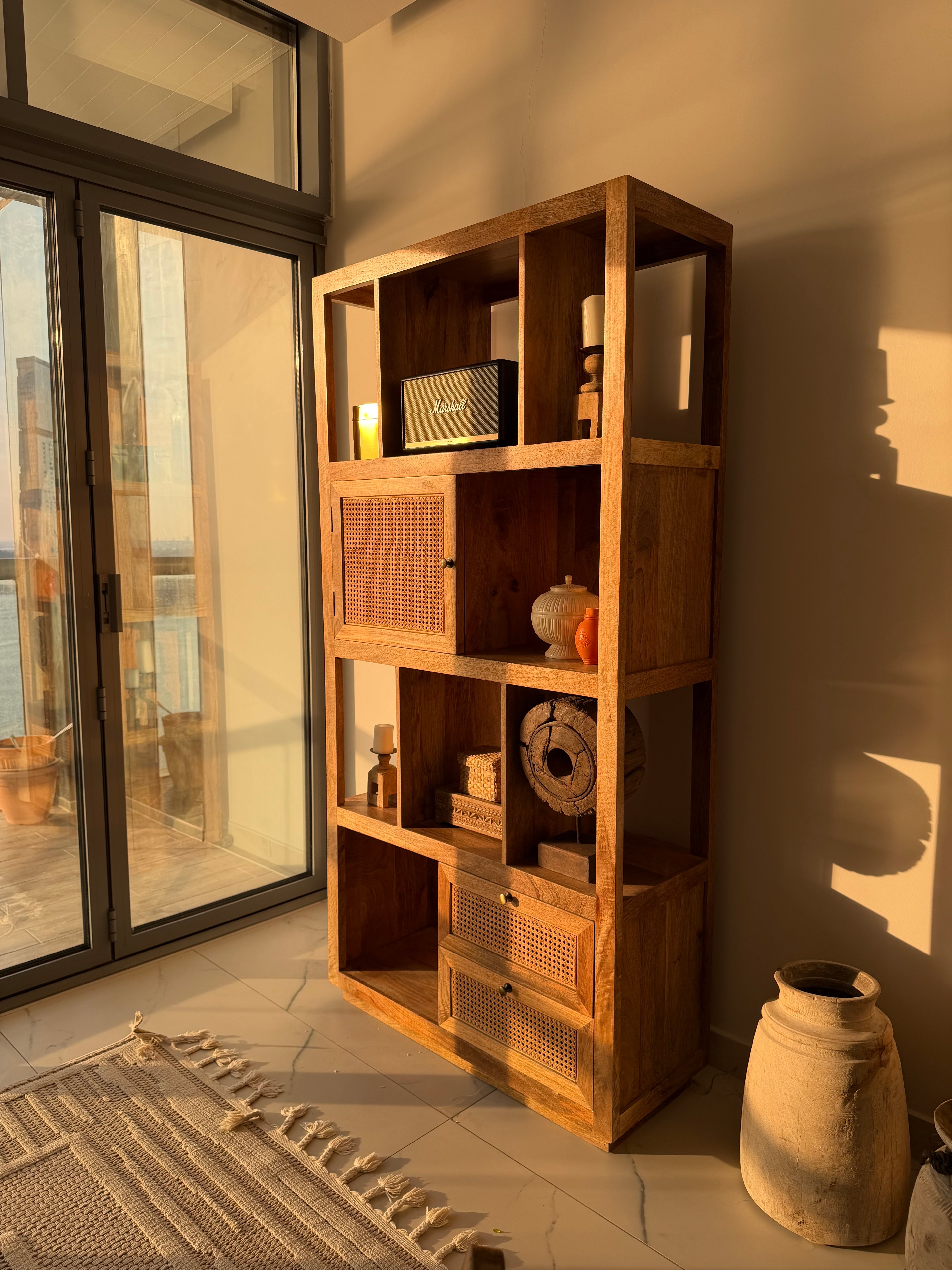 Rattan staggered bookshelf