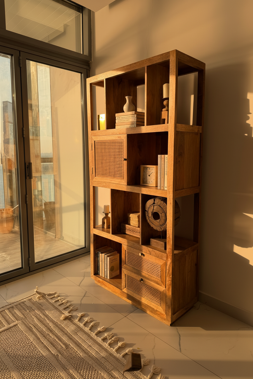 Rattan staggered bookshelf