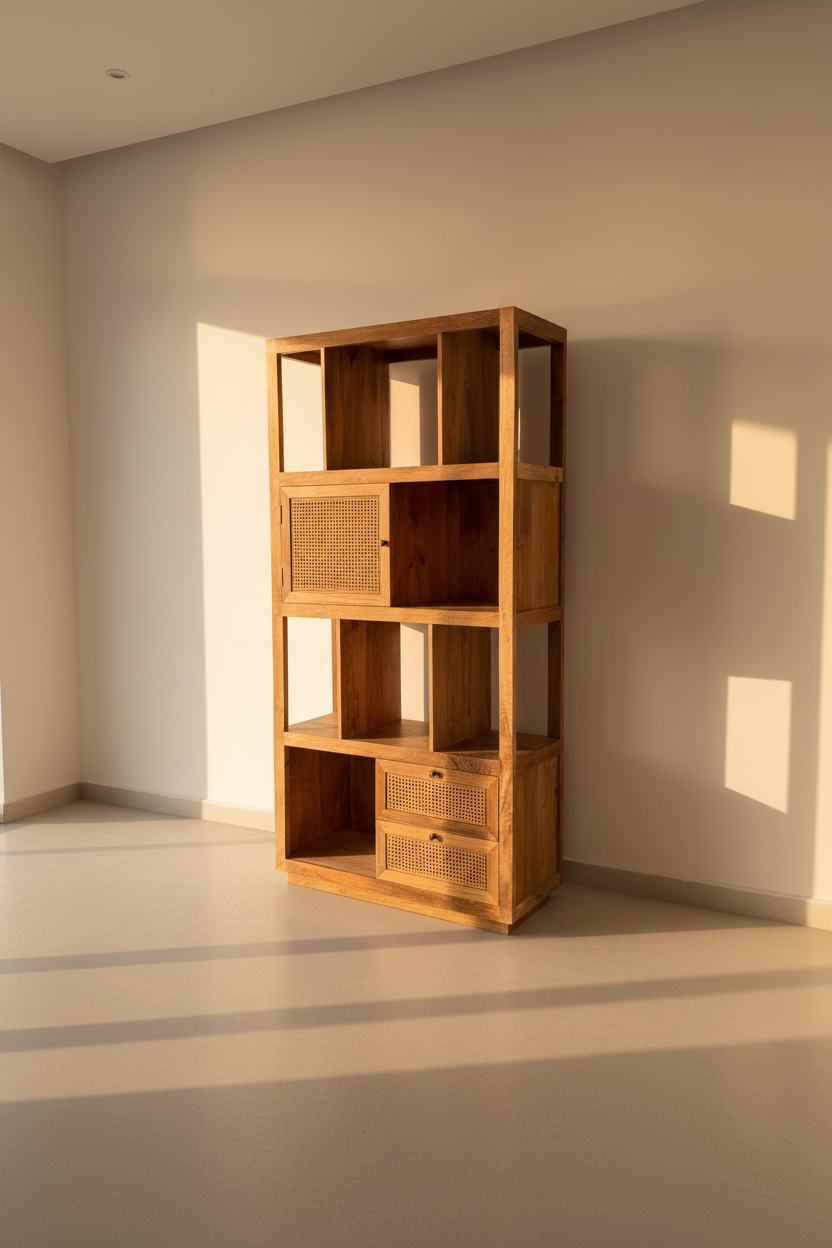 Rattan staggered bookshelf