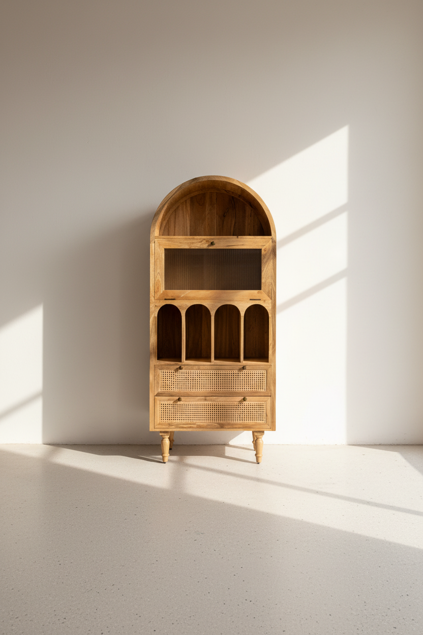 Arch rattan bookshelf with fluted glass.