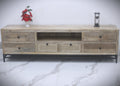 Boho rattan TV stand in solid wood finish, ideal for stylish boho furniture living room décor.