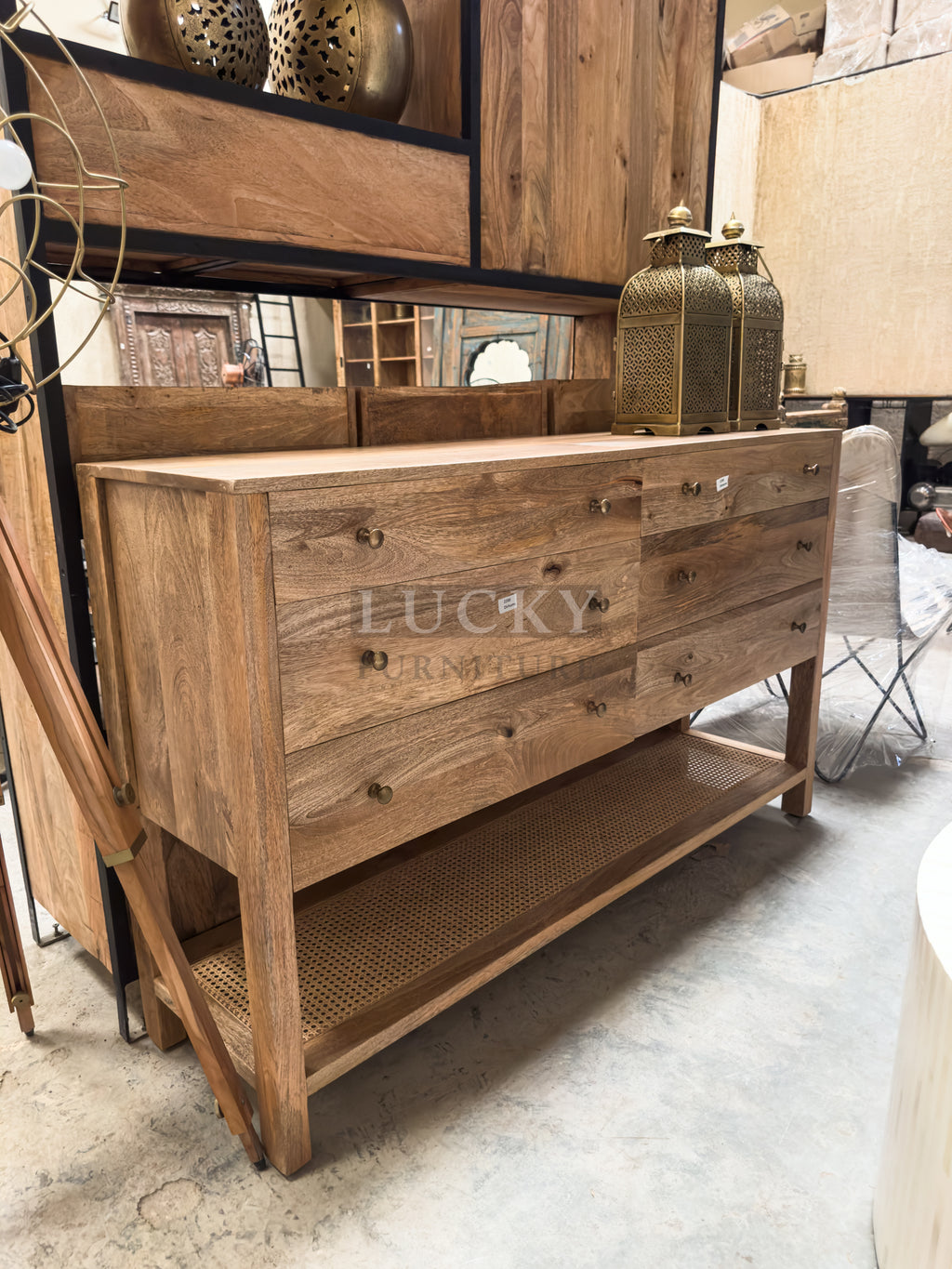 Mango wood and rattan console with 6 drawers