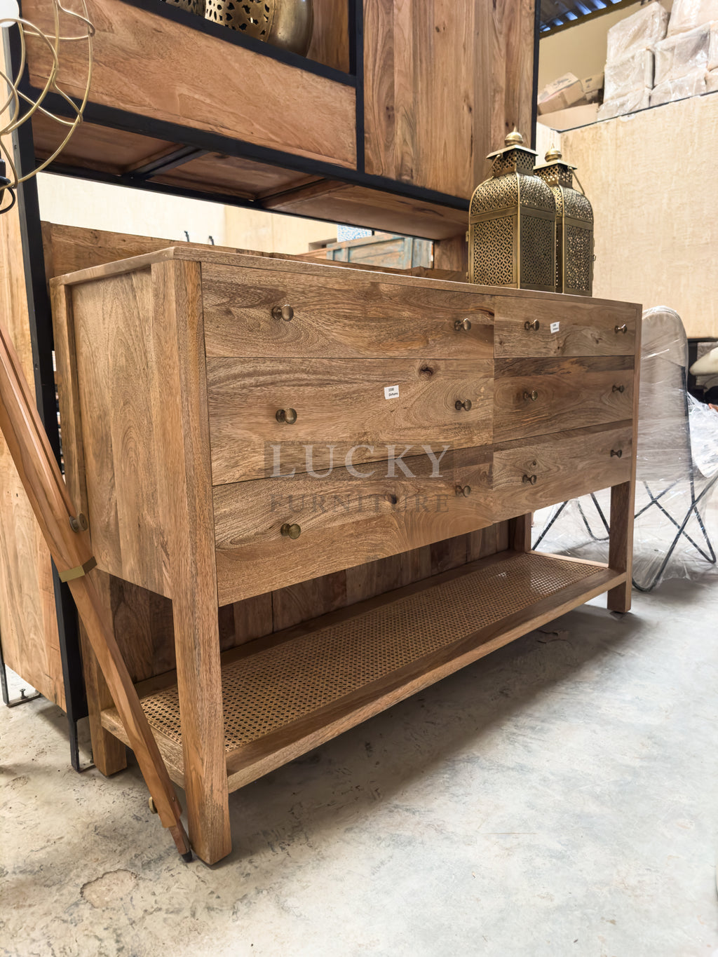 Mango wood and rattan console with 6 drawers