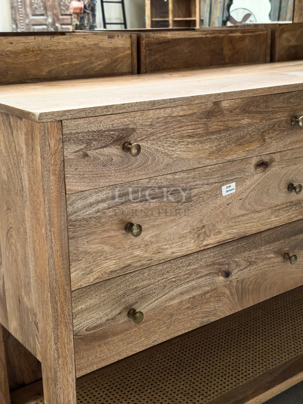 Mango wood and rattan console with 6 drawers