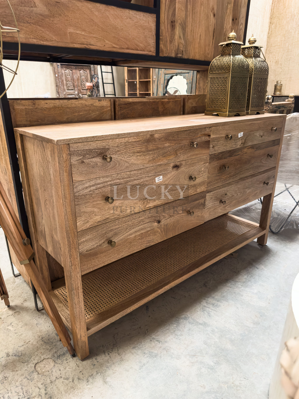 Mango wood and rattan console with 6 drawers
