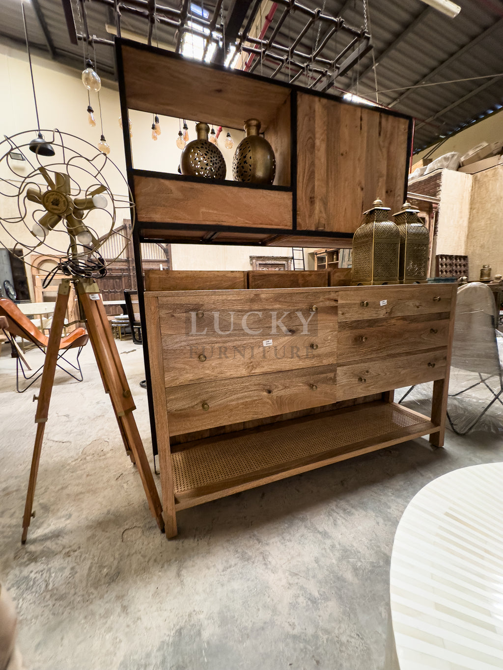 Mango wood and rattan console with 6 drawers