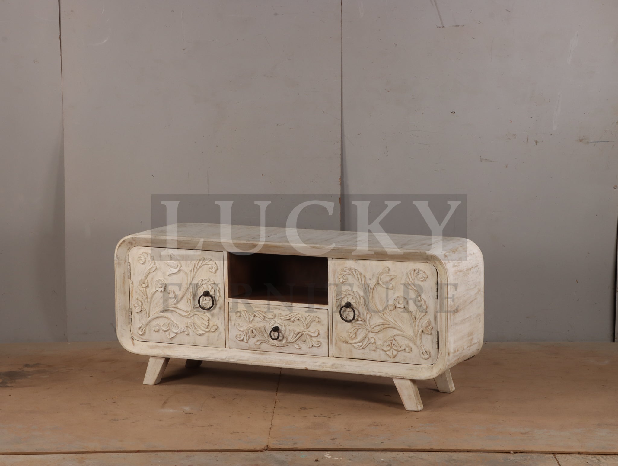 Emboss Carved White Wash Tv Stand