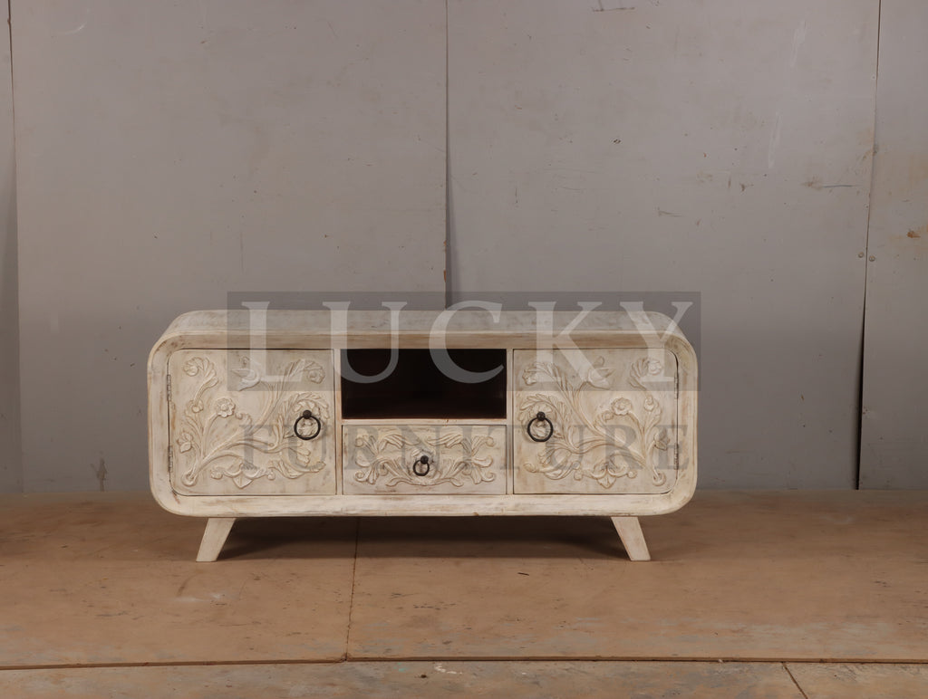 Emboss Carved White Wash Tv Stand