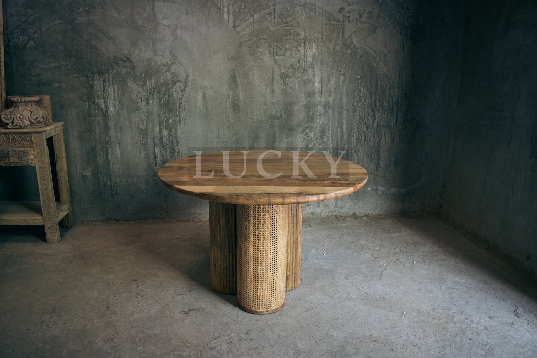 Rattan and Mango Wood Round Dining Table