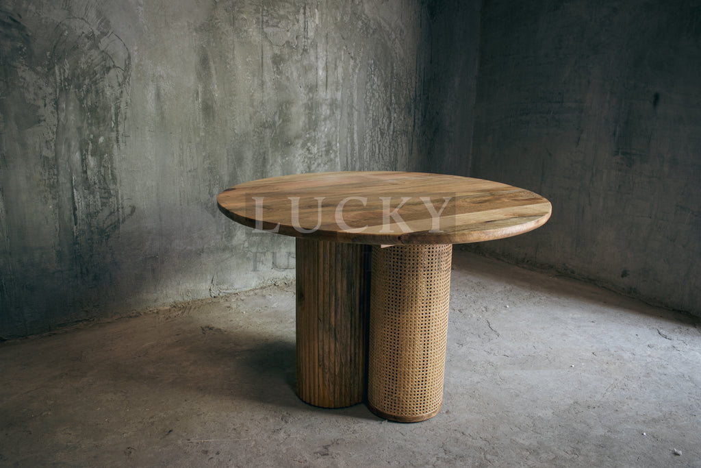 Rattan and Mango Wood Round Dining Table