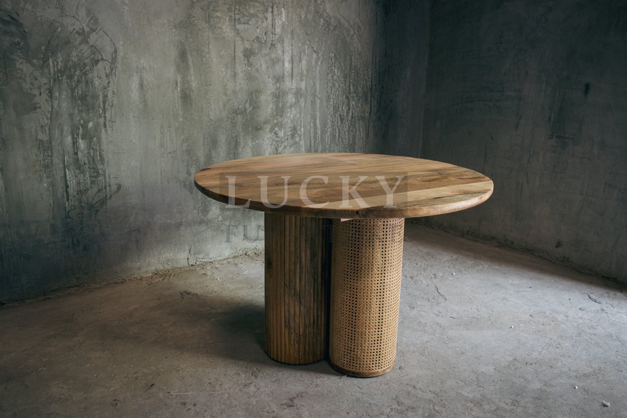 Rattan and Mango Wood Round Dining Table