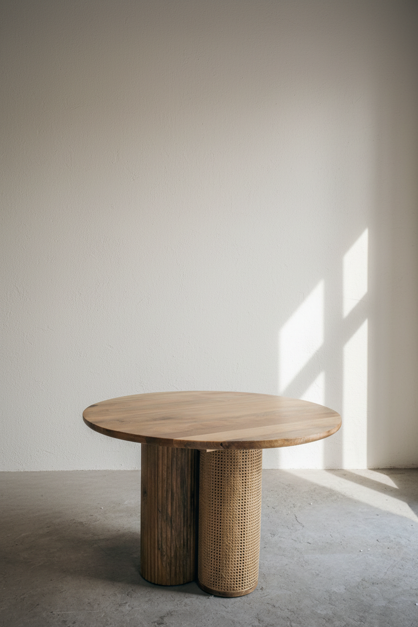 Rattan and Mango Wood Round Dining Table