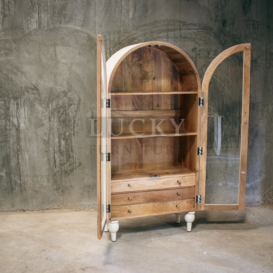 Mango wood white arch glass cabinet