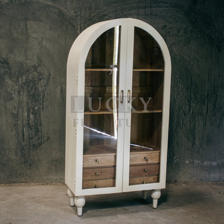 Mango wood white arch glass cabinet