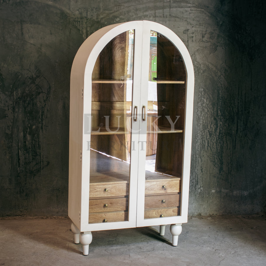 Mango wood white arch glass cabinet