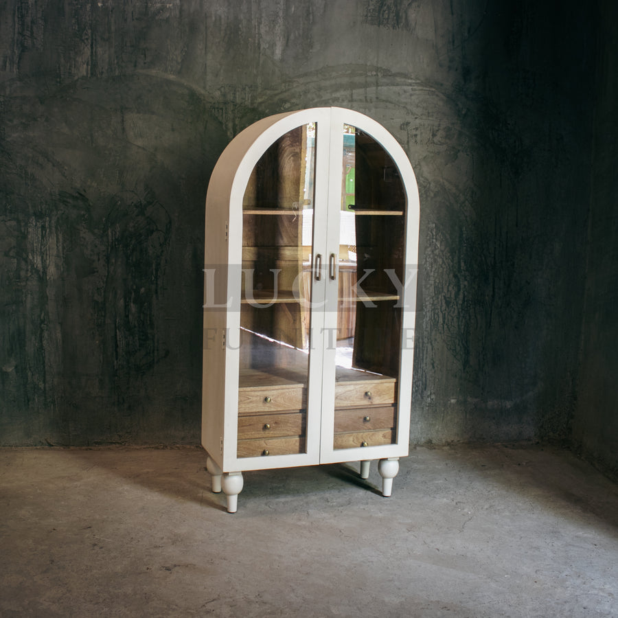 Mango wood white arch glass cabinet
