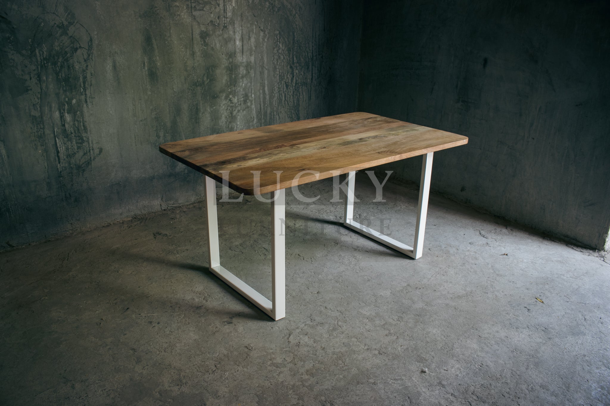 Round Edge Mango Wood Table U White Legs