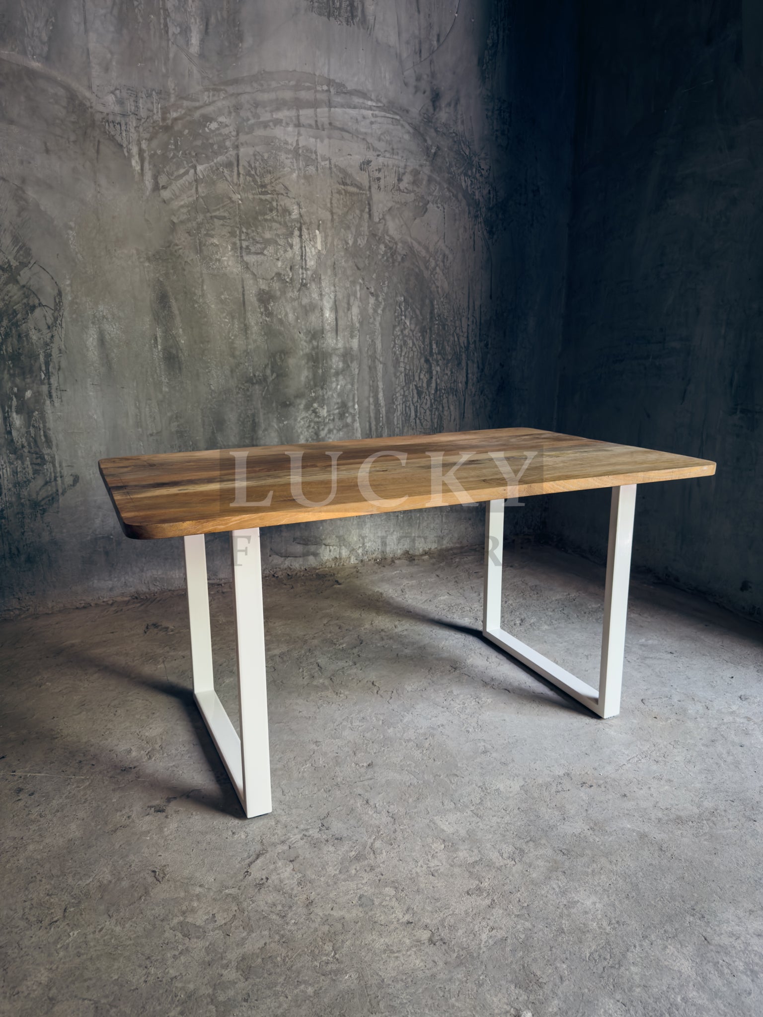 Round Edge Mango Wood Table U White Legs