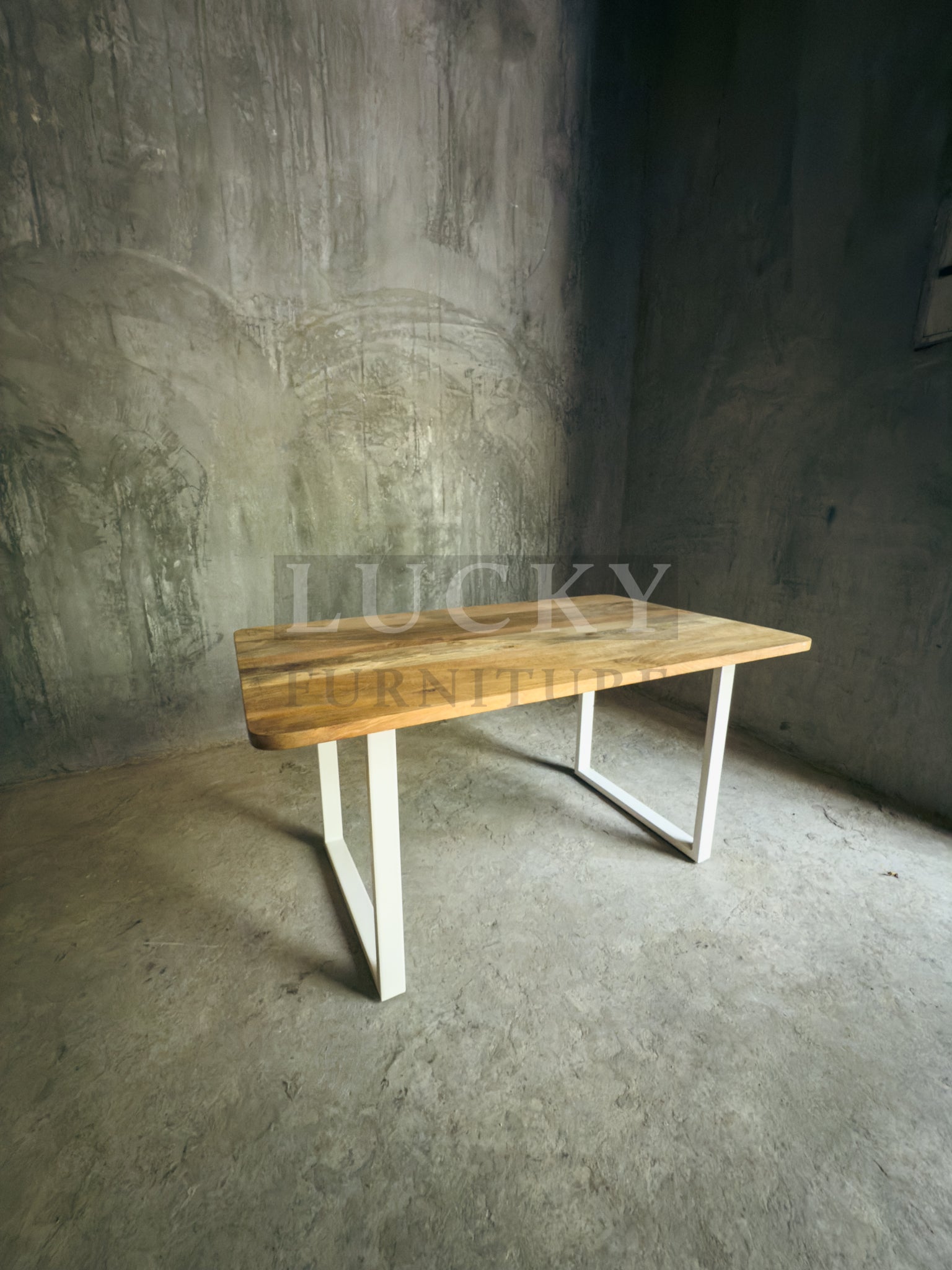 Round Edge Mango Wood Table U White Legs