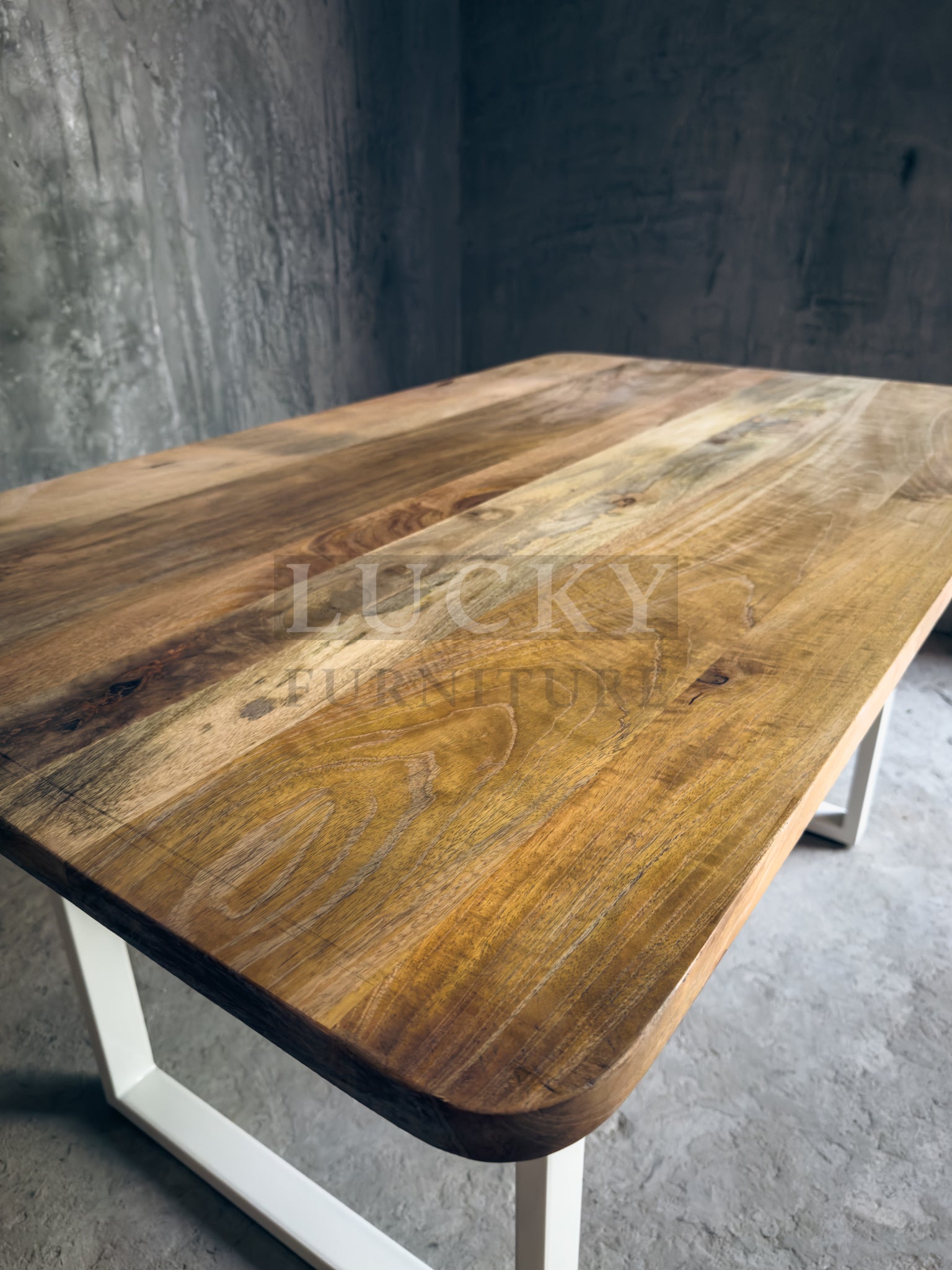 Round Edge Mango Wood Table U White Legs