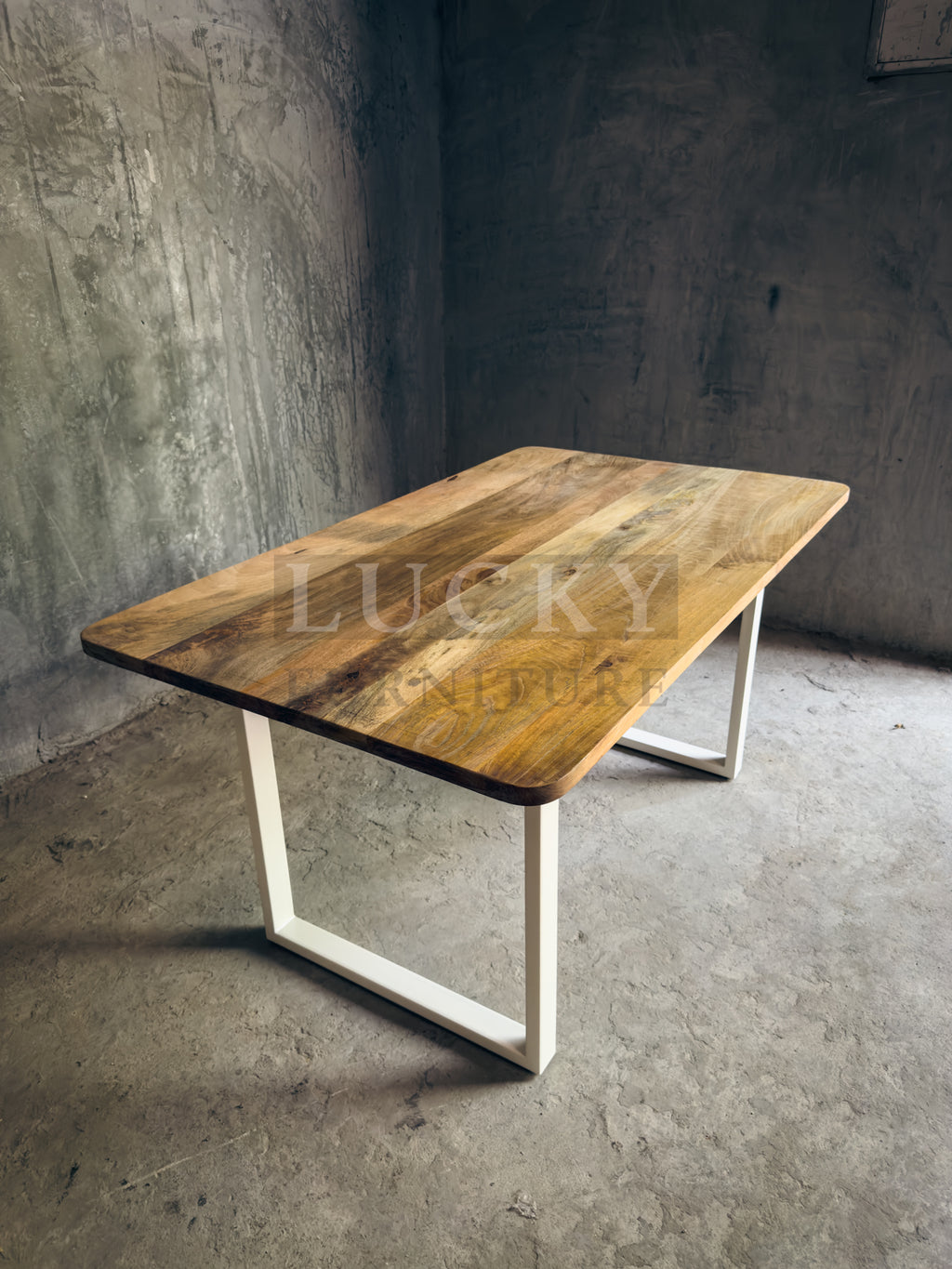 Round Edge Mango Wood Table U White Legs