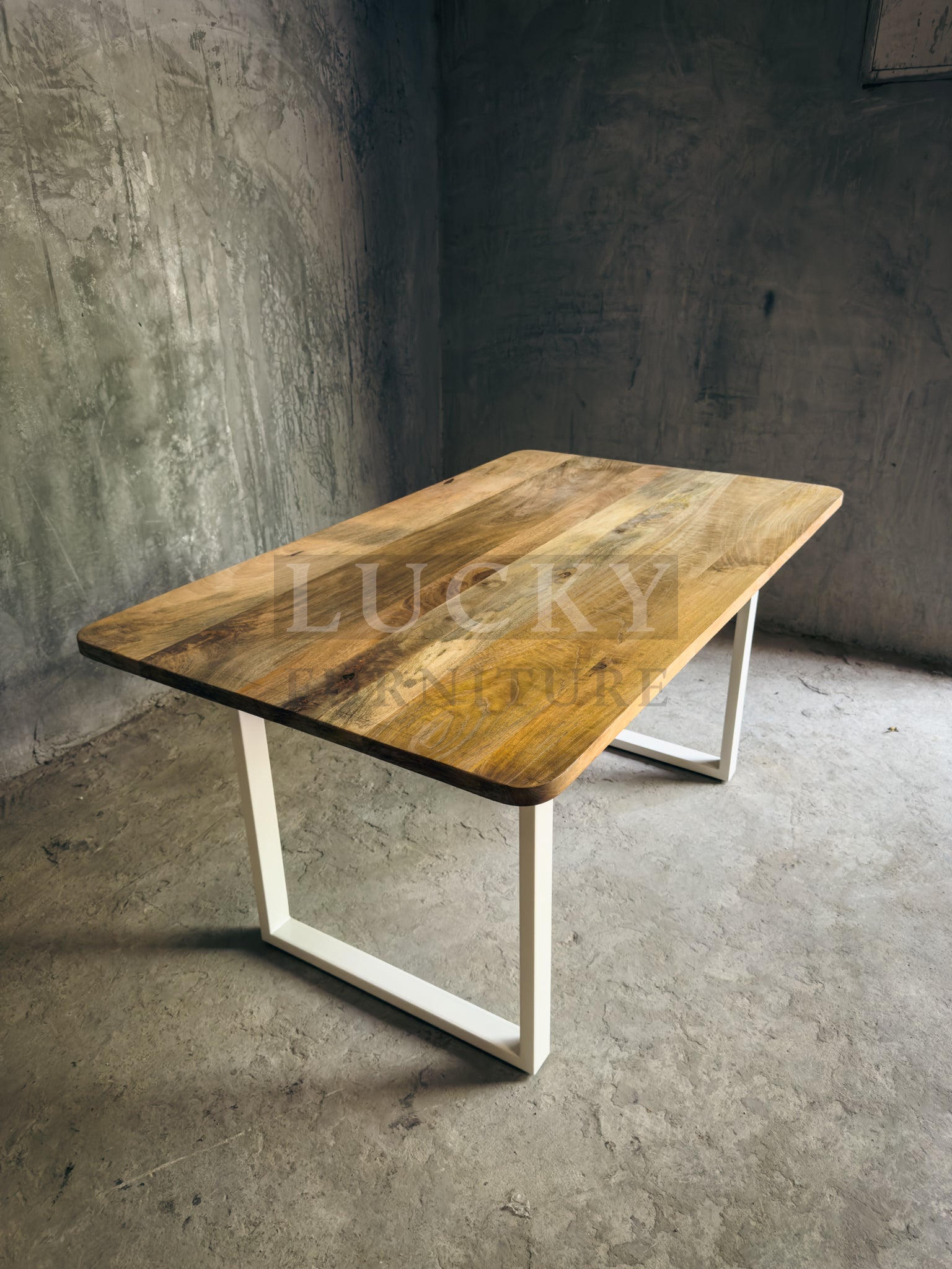 Round Edge Mango Wood Table U White Legs