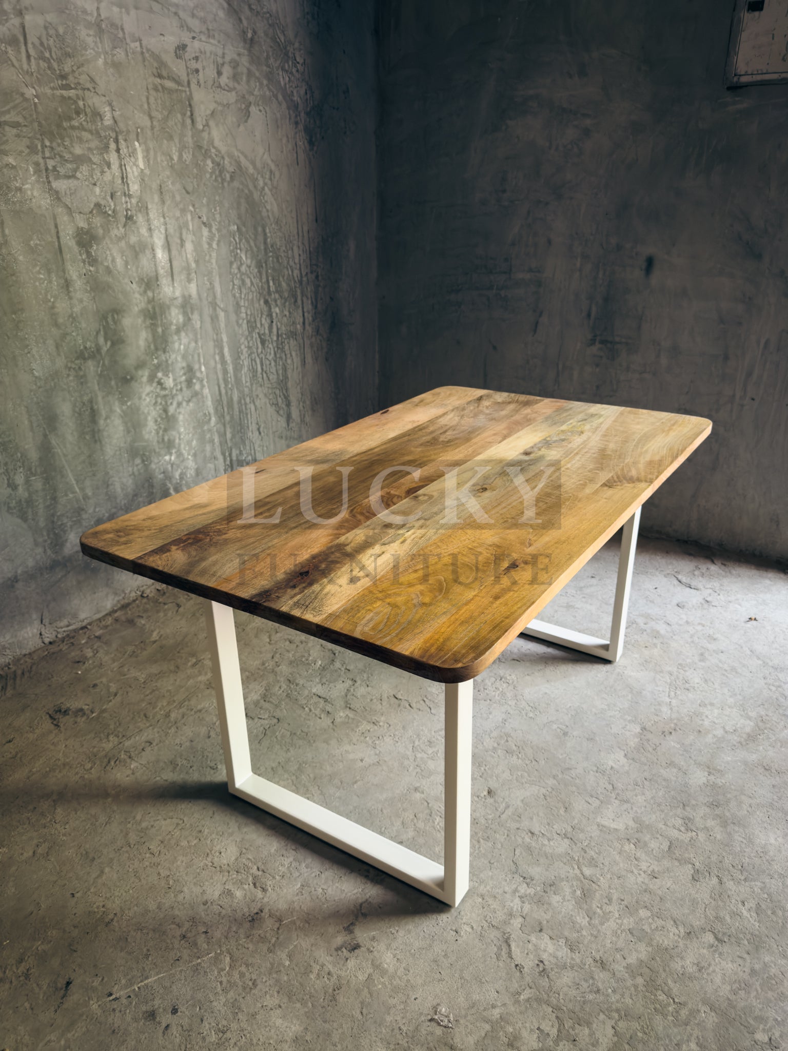 Round Edge Mango Wood Table U White Legs
