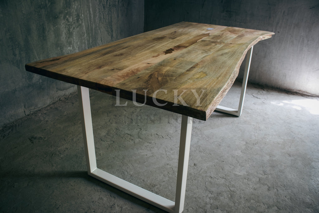 Live Edge Mango Wood Dining Table U White legs