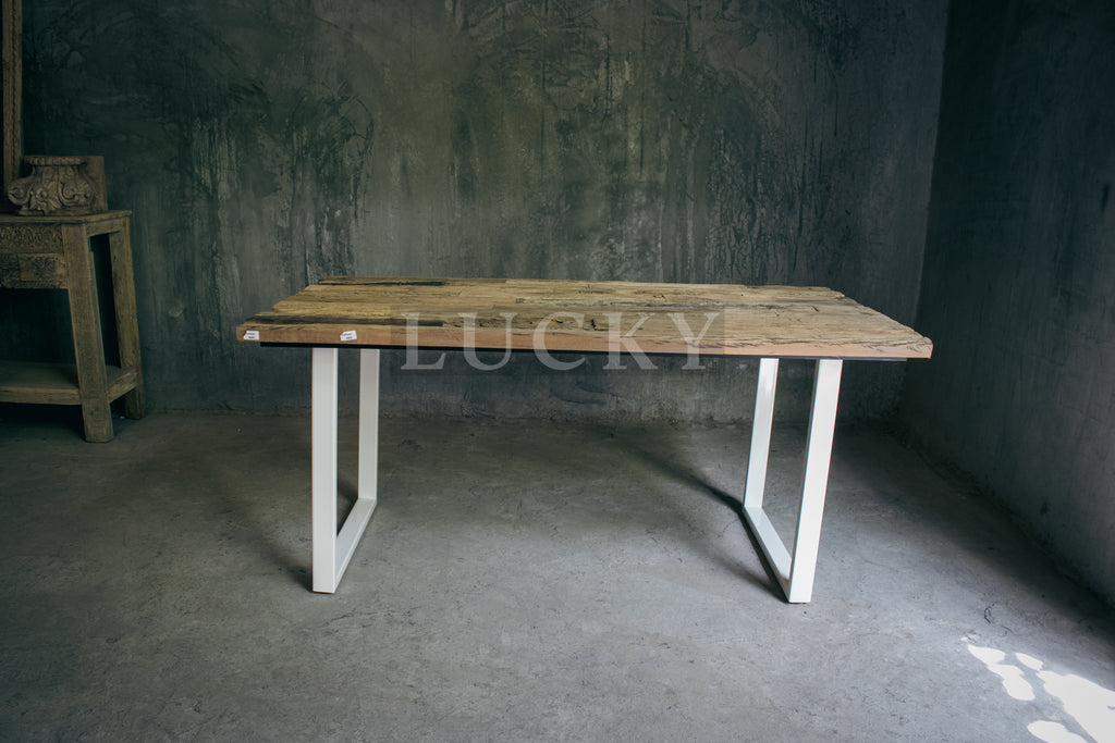 Rustic Teak Railway Sleeper Wood Dining Table with Glass Top