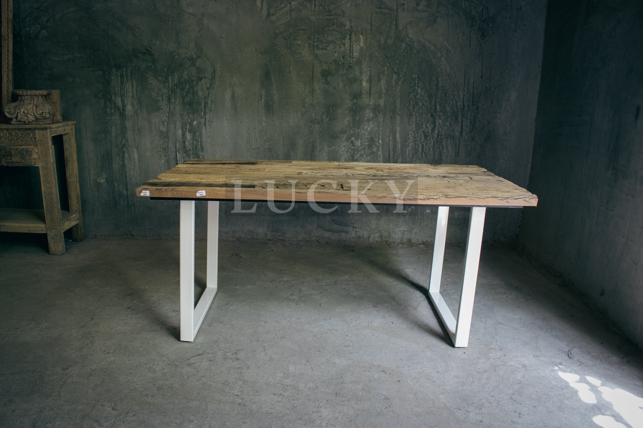 Rustic Teak Railway Sleeper Wood Dining Table with Glass Top