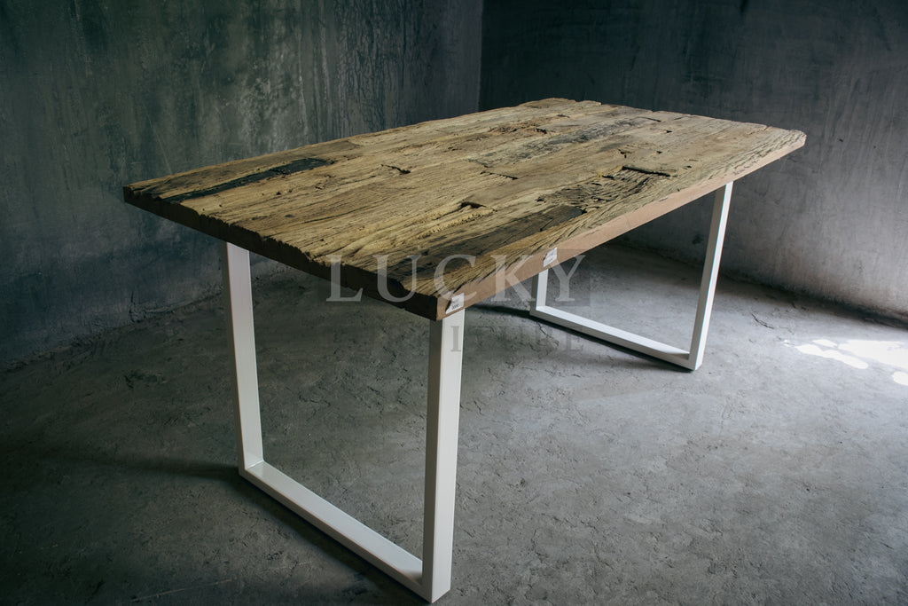 Rustic Teak Railway Sleeper Wood Dining Table with Glass Top